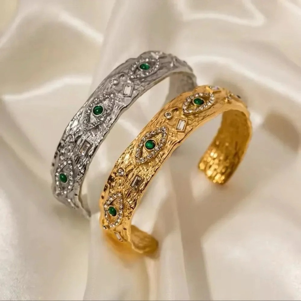 Eyes Baroque Malachite Gold Stainless Steel WaterproofEye Cuff Bracelet